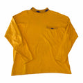 Vangsworld, Inc golden-mustard long sleeve cotton shirt with a mock neck and chest pocket featuring purple patterns.