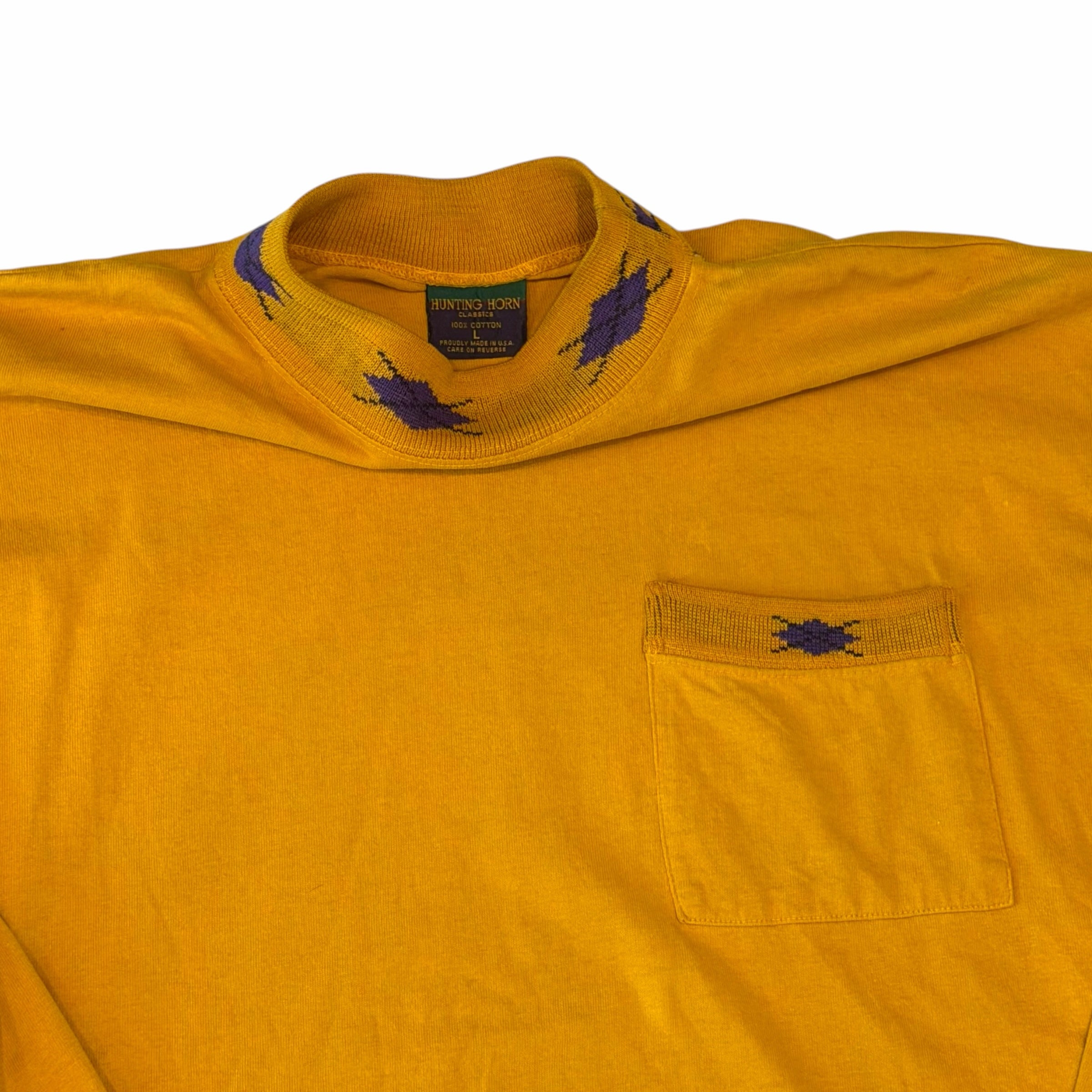 Vangsworld, Inc golden-mustard long sleeve cotton mock neck shirt with purple geometric pattern on collar and pocket