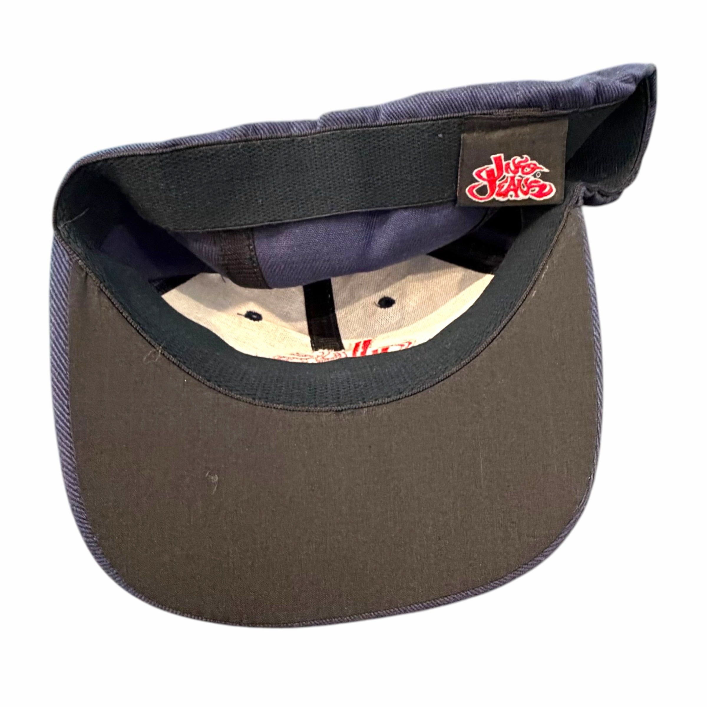 Vangsworld, Inc navy blue cotton twill baseball cap with Jinco Jeans logo label on the interior sweatband