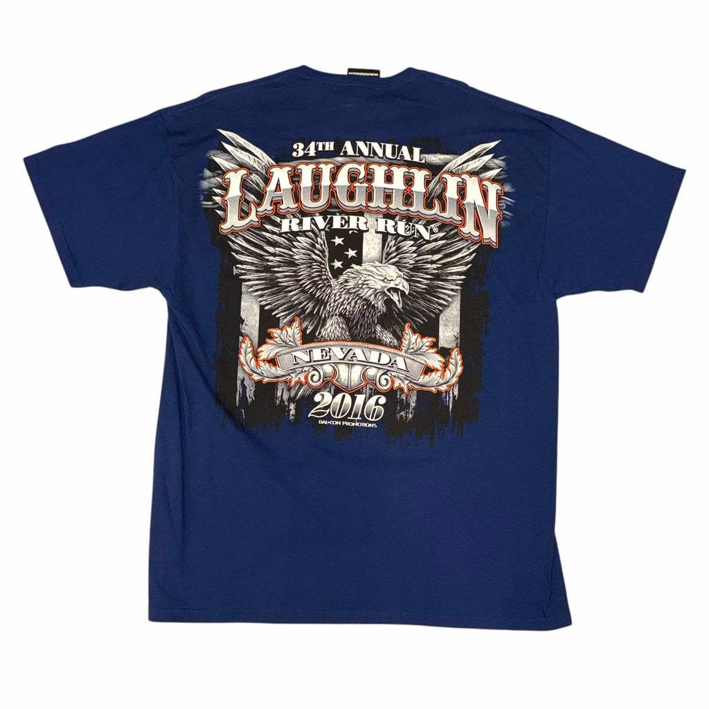 Vangsworld, Inc navy blue crewneck t-shirt featuring a 2016 Laughlin River Run eagle and American flag back graphic.