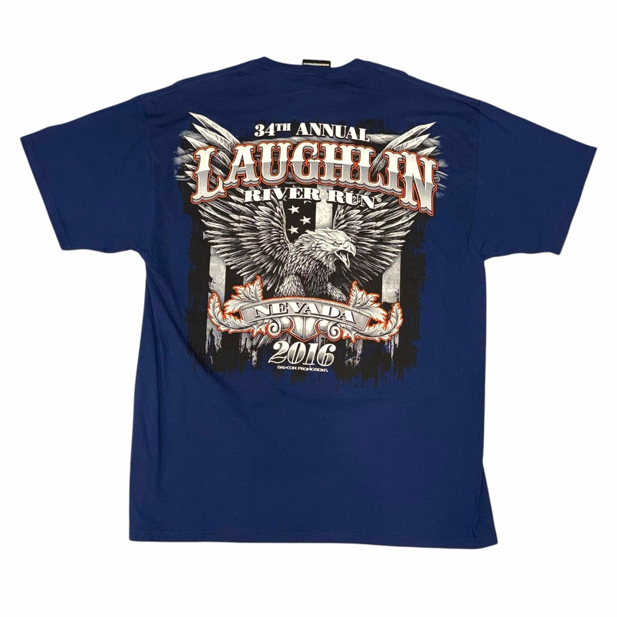 Vangsworld, Inc navy blue crewneck t-shirt featuring a 2016 Laughlin River Run eagle and American flag back graphic.