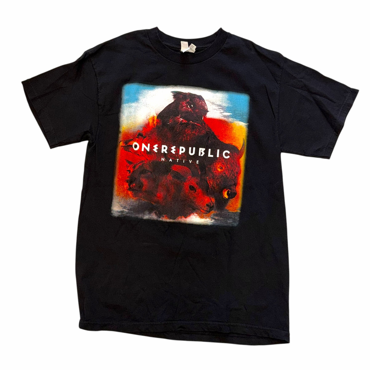 Vangsworld, Inc black cotton OneRepublic Native Summer Tour graphic t-shirt with fiery album artwork on the front