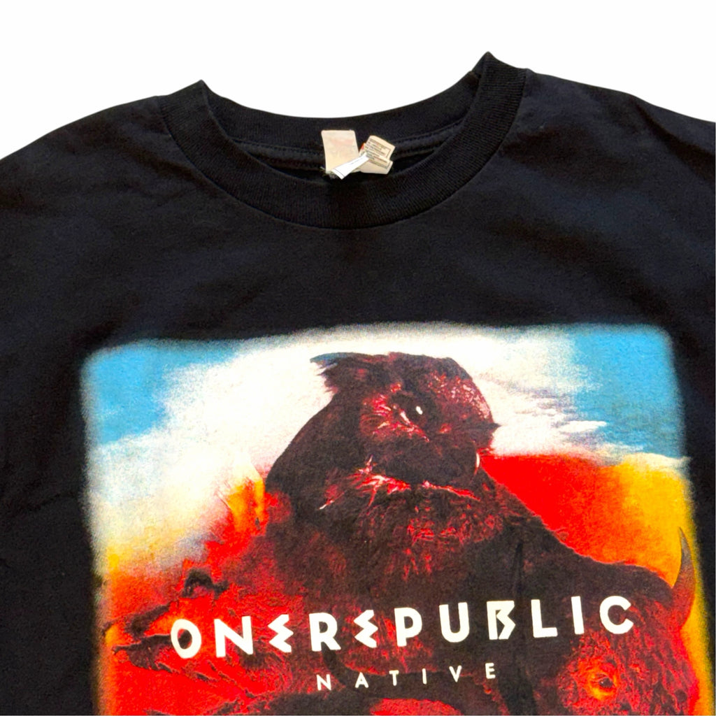 Vangsworld, Inc black cotton OneRepublic Native Summer Tour graphic t-shirt with fiery album artwork on the front