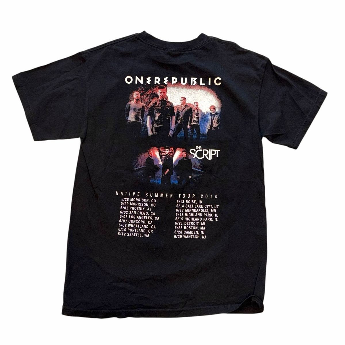 Vangsworld, Inc black cotton OneRepublic Native Summer Tour 2014 concert t-shirt with back tour dates and band graphic