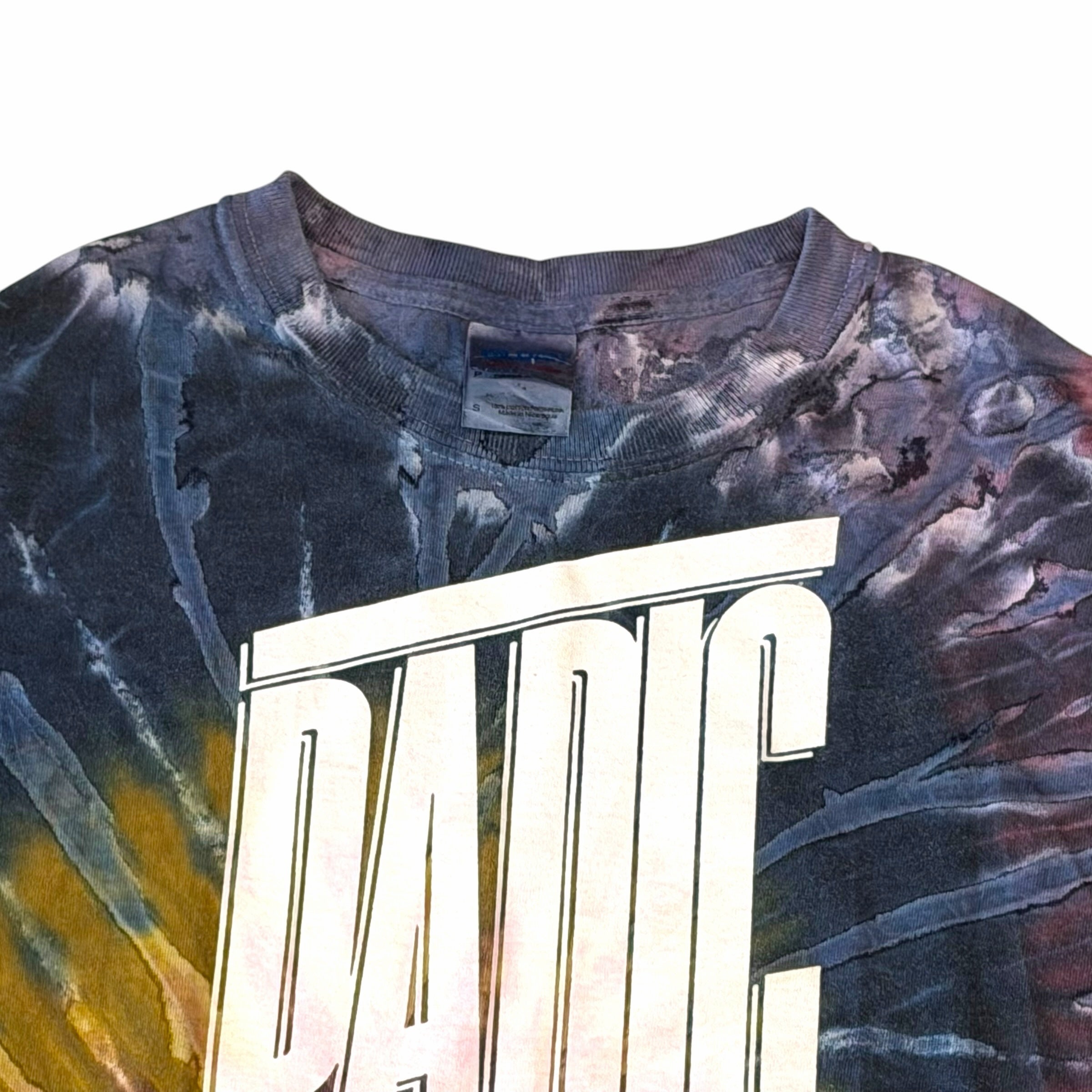 Vangsworld, Inc Panic! At The Disco graphic t-shirt with a charcoal, navy, and ochre tie-dye print and crew neck.