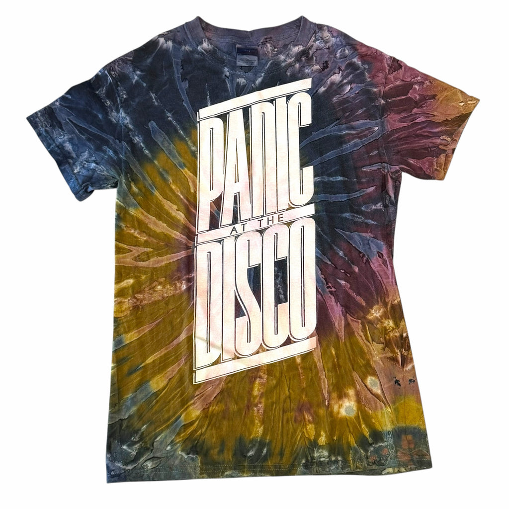 Vangsworld, Inc Panic! At The Disco graphic t-shirt in charcoal, navy, and ochre tie-dye cotton-blend fabric.