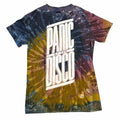 Vangsworld, Inc Panic! At The Disco graphic t-shirt in charcoal, navy, and ochre tie-dye cotton-blend fabric.