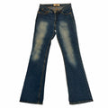 Vangsworld, Inc PARIS BLUES medium-wash denim bootcut jeans with mid-rise fit, whiskering, and five-pocket styling.