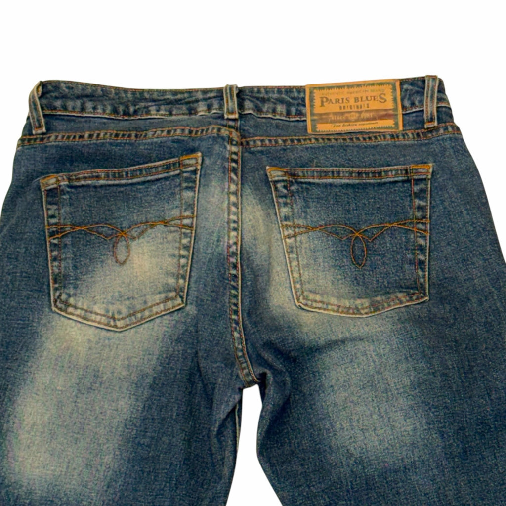 Vangsworld, Inc PARIS BLUES medium-wash denim bootcut jeans with back pocket stitching and leather-look brand patch