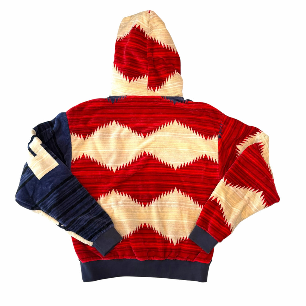 Back view of Vangsworld, Inc KITH and PENDLETON cotton hoodie featuring a red, cream, and navy geometric pattern.