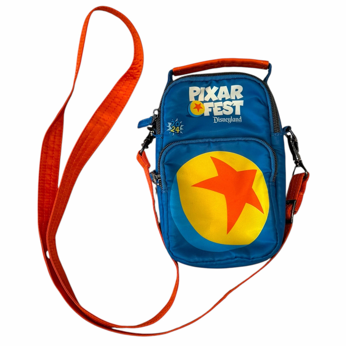 Vangsworld, Inc blue nylon Pixar Fest crossbody bag with orange strap and iconic Pixar ball design