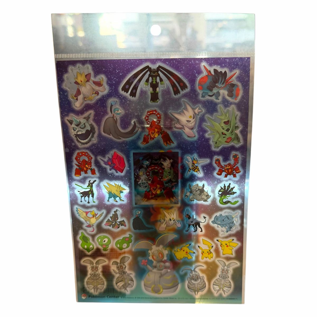 Vangsworld, Inc Pokémon Center sticker sheet featuring various legendary Pokémon characters on a cosmic background