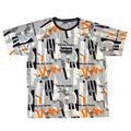 Vangsworld, Inc PUMA Red Bull Racing graphic t-shirt in grey, white, orange, and navy with abstract motorsport print.