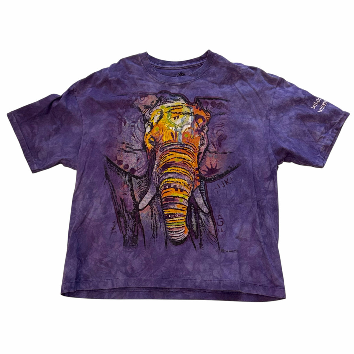 Vangsworld, Inc purple tie-dye cotton t-shirt featuring a vibrant abstract elephant graphic and sleeve print.