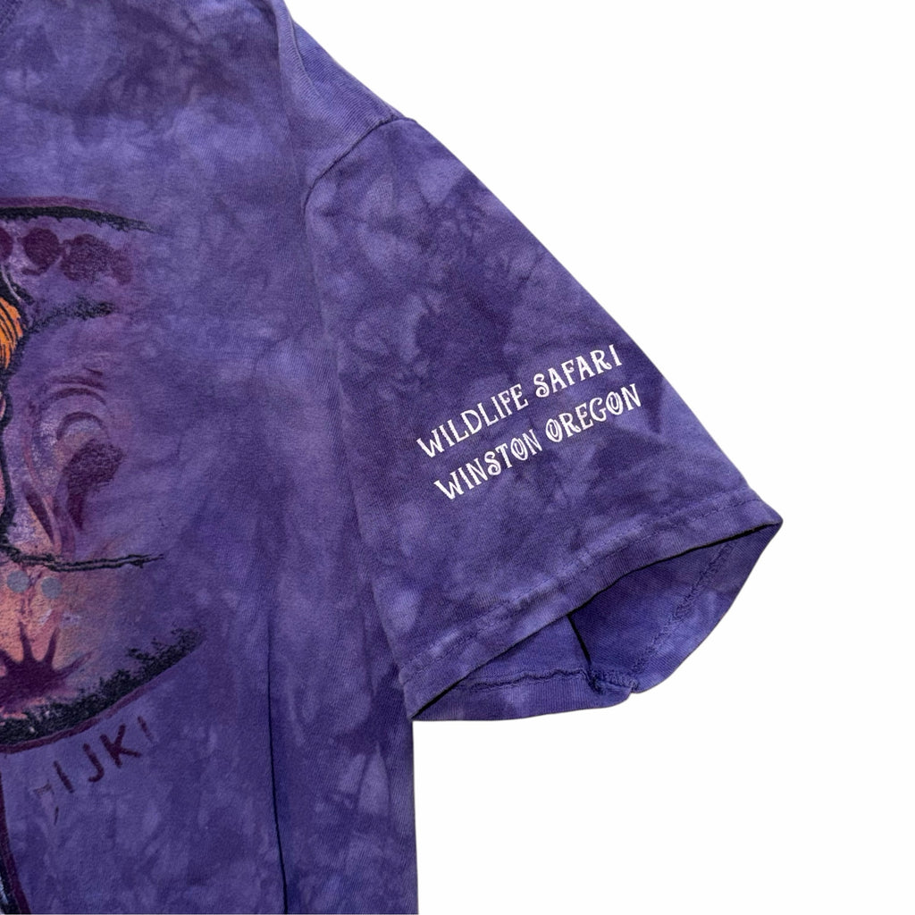 Vangsworld, Inc purple tie-dye cotton t-shirt sleeve with Wildlife Safari Winston Oregon print detail
