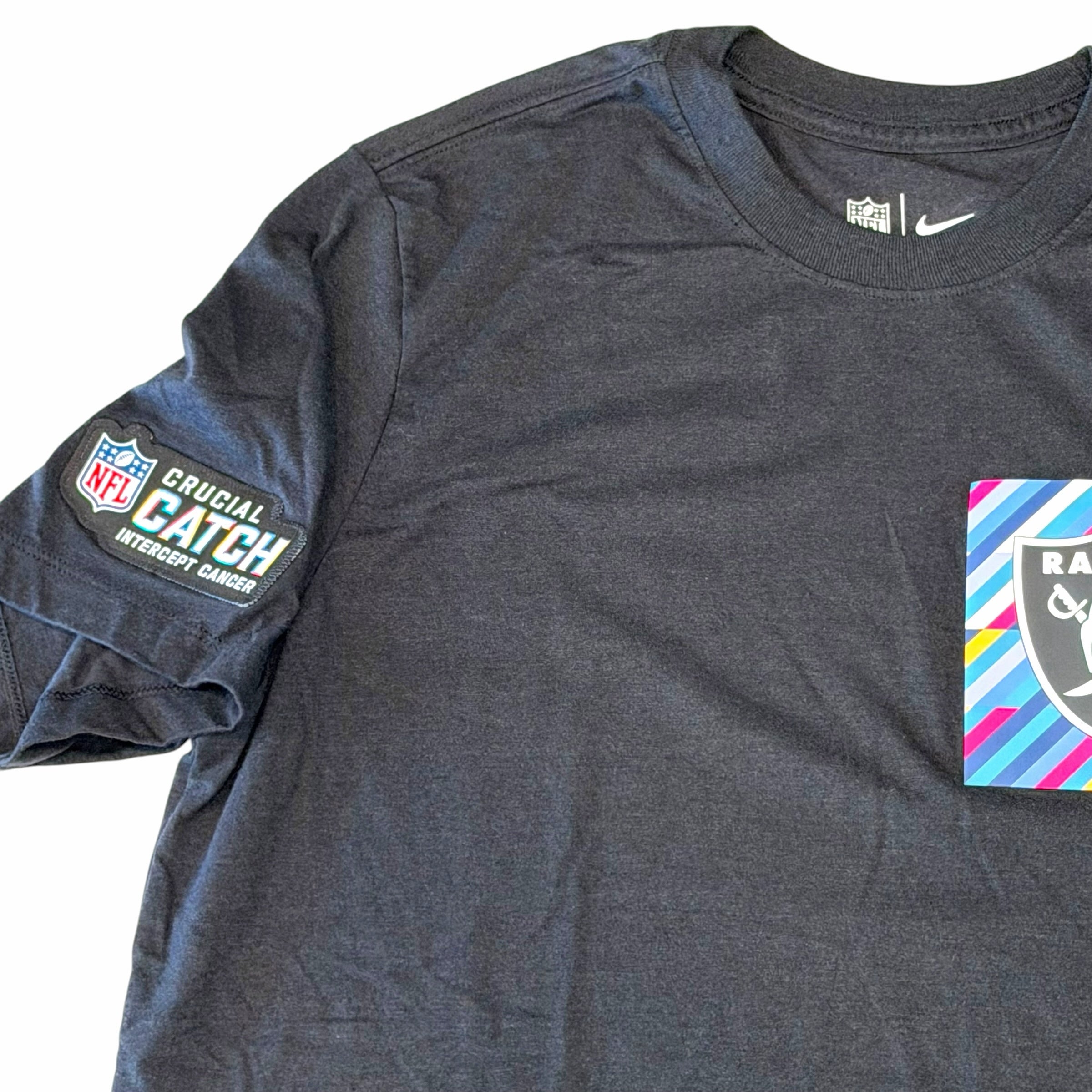 Vangsworld, Inc black Nike Las Vegas Raiders Crucial Catch t-shirt with NFL cancer awareness sleeve patch