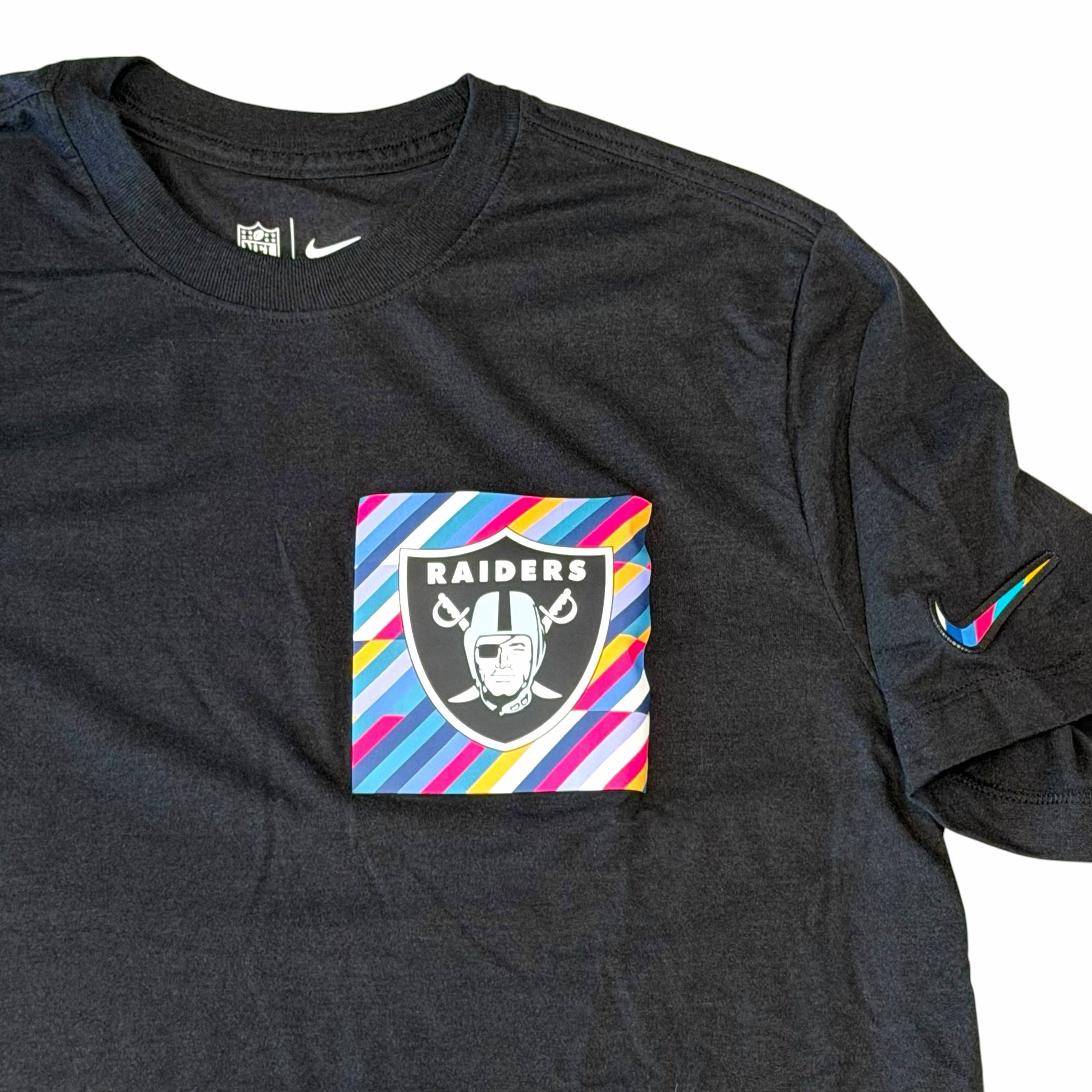 Vangsworld, Inc black Nike Las Vegas Raiders Crucial Catch t-shirt with a vibrant multi-colored logo patch