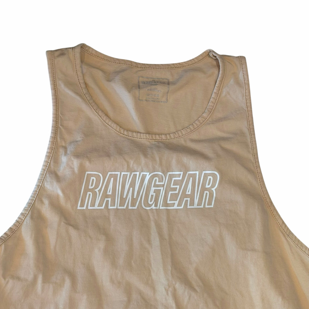 Vangsworld, Inc sand-toned RAWGEAR athletic sleeveless tank top with white chest logo and breathable cotton-blend fabric