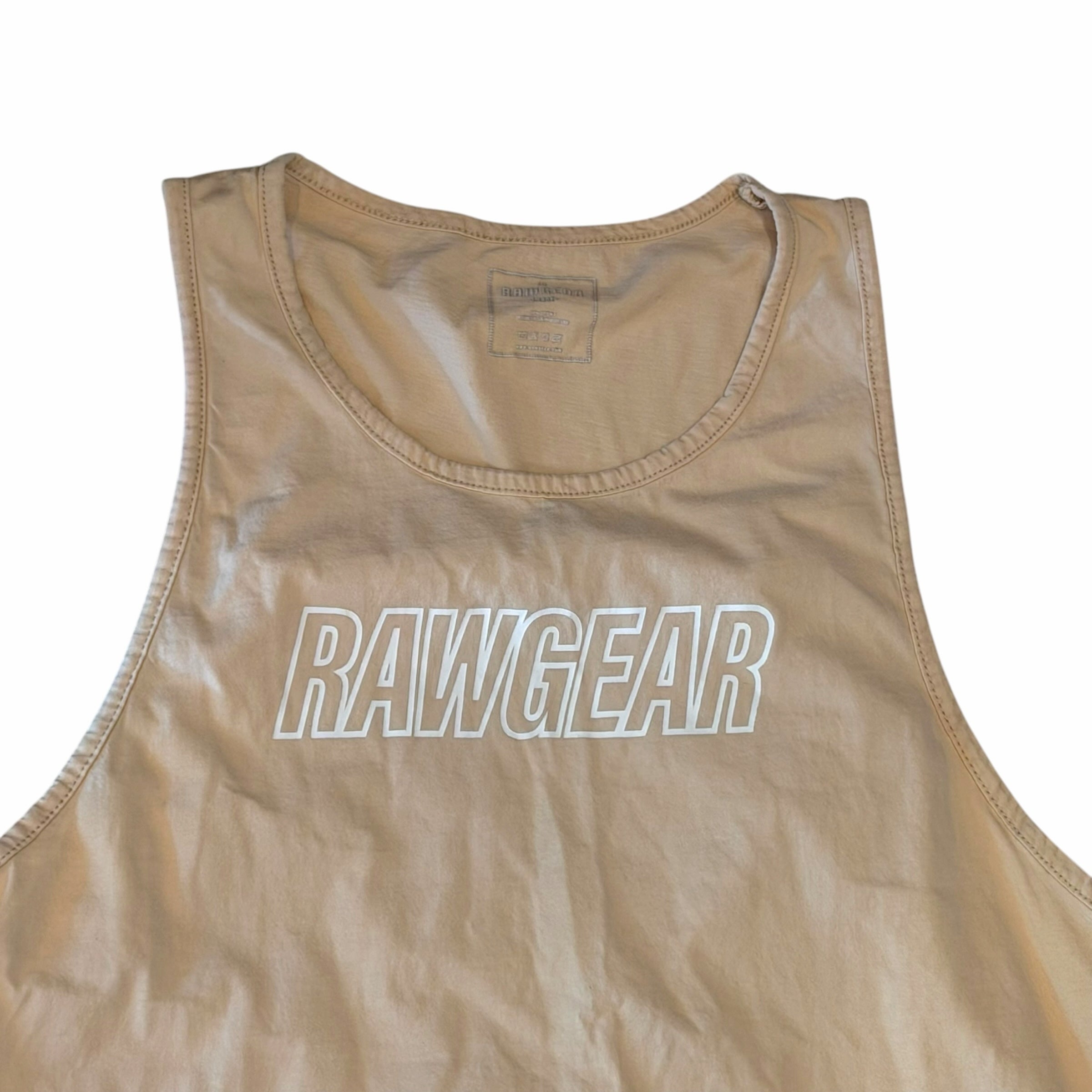 Vangsworld, Inc sand-toned RAWGEAR athletic sleeveless tank top with white chest logo and breathable cotton-blend fabric
