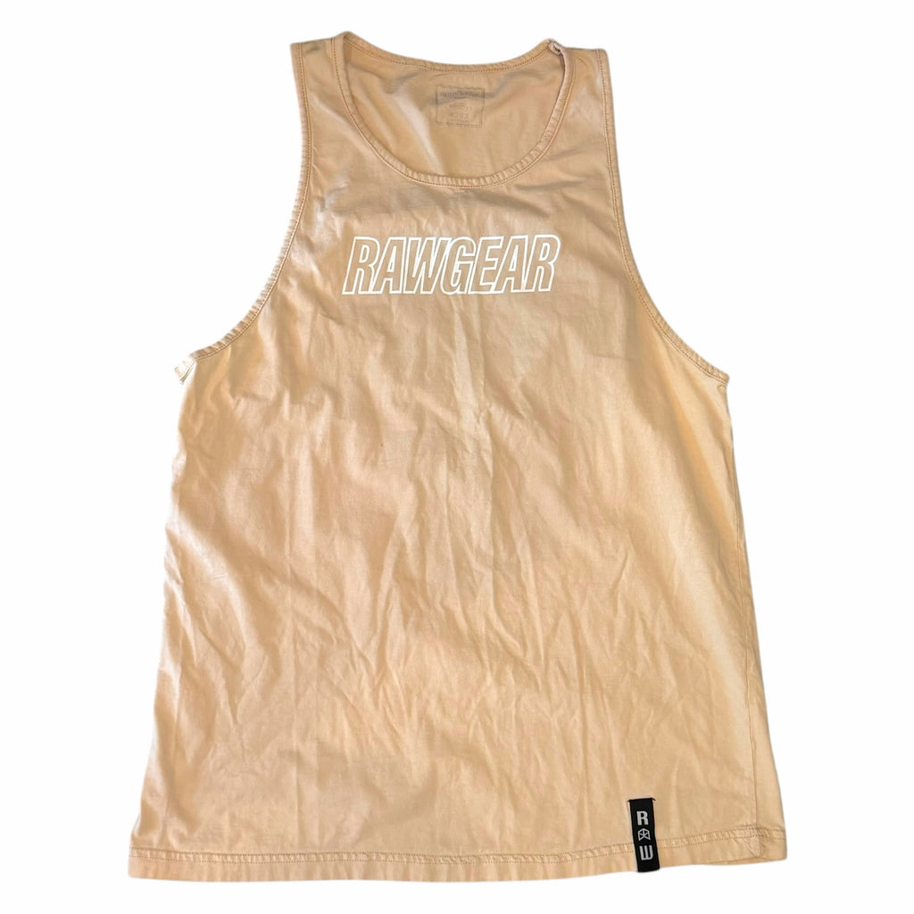 Vangsworld, Inc sand-toned RAWGEAR sleeveless athletic tank top with white chest branding and bottom hem label