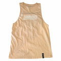 Vangsworld, Inc sand-toned RAWGEAR sleeveless athletic tank top with white chest branding and bottom hem label