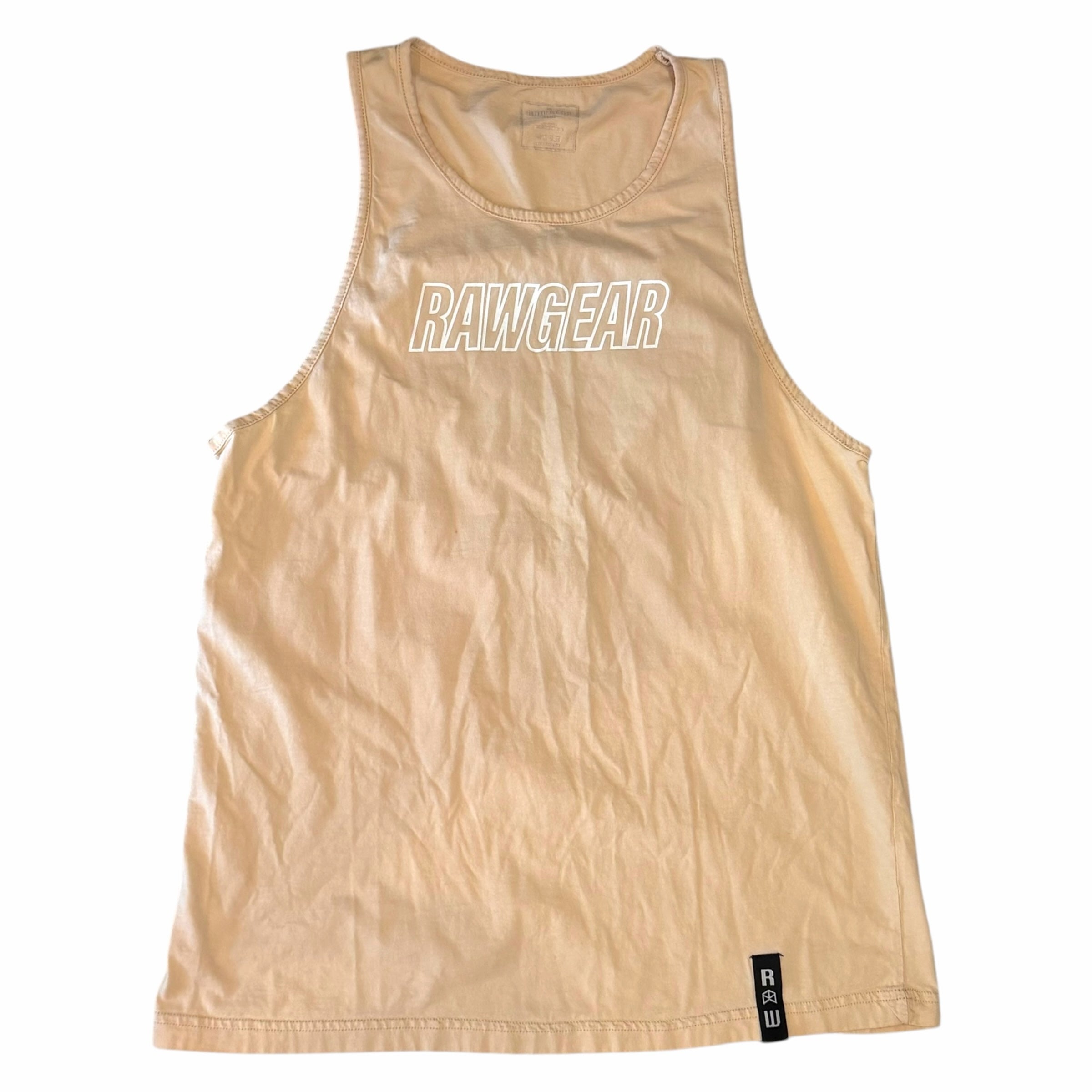 Vangsworld, Inc sand-toned RAWGEAR sleeveless athletic tank top with white chest branding and bottom hem label