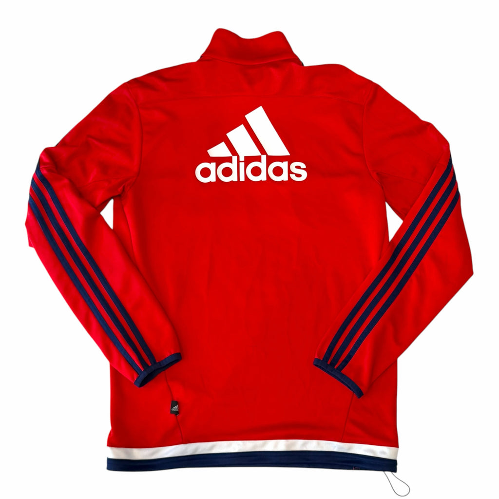 Vangsworld, Inc red adidas Chicago Fire soccer training pullover with navy stripes and back logo
