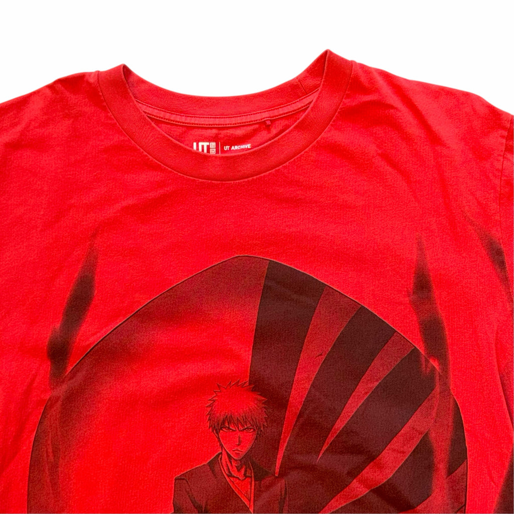 Vangsworld, Inc red cotton crewneck t-shirt featuring a bold Bleach anime Ichigo Kurosaki graphic print