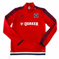 Vangsworld, Inc red adidas Chicago Fire soccer training quarter-zip pullover with Quaker sponsor logo and navy stripes