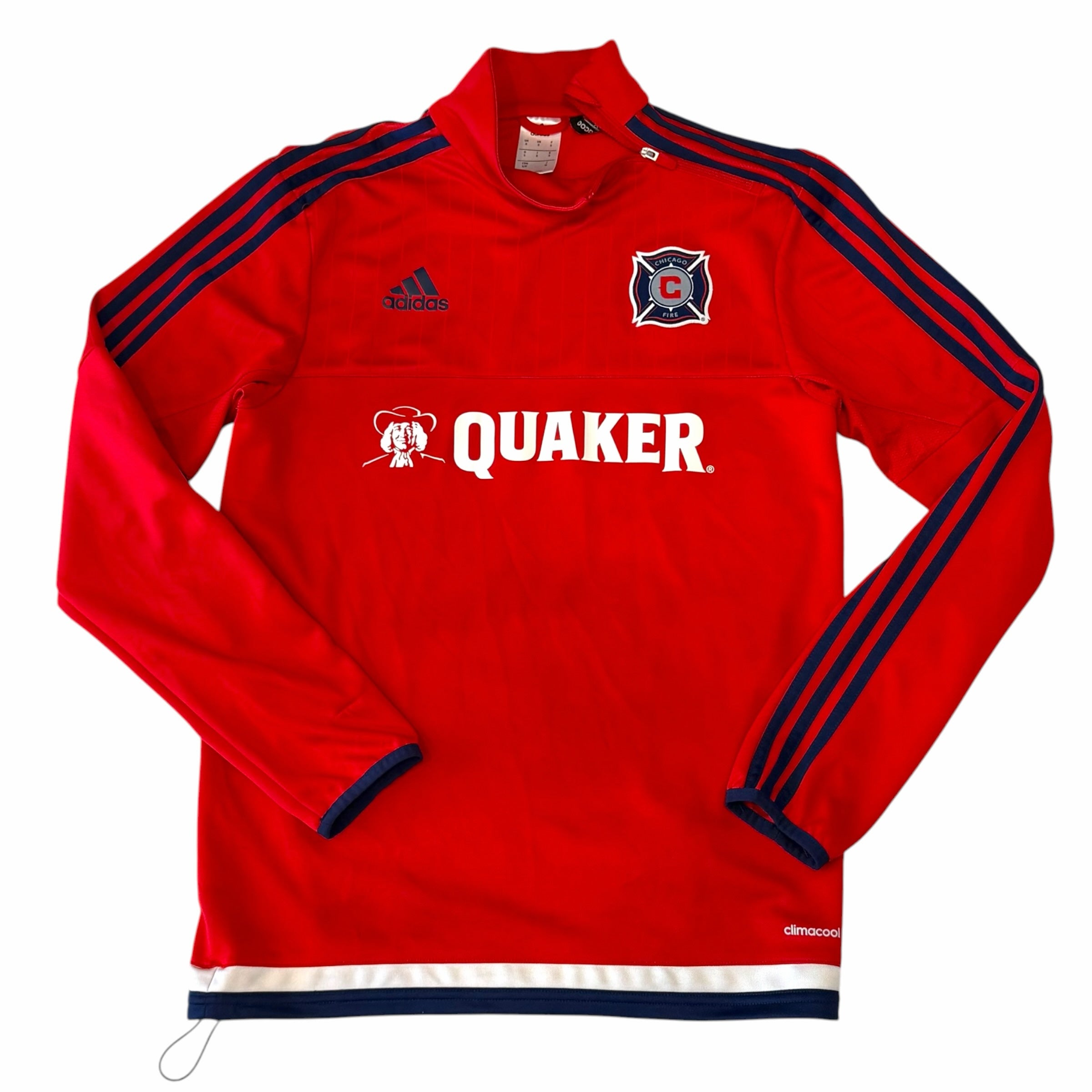 Vangsworld, Inc red adidas Chicago Fire soccer training quarter-zip pullover with Quaker sponsor logo and navy stripes