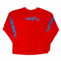 Vangsworld, Inc red long sleeve cotton crewneck shirt featuring blue flame motorcycle graphics on chest and sleeves