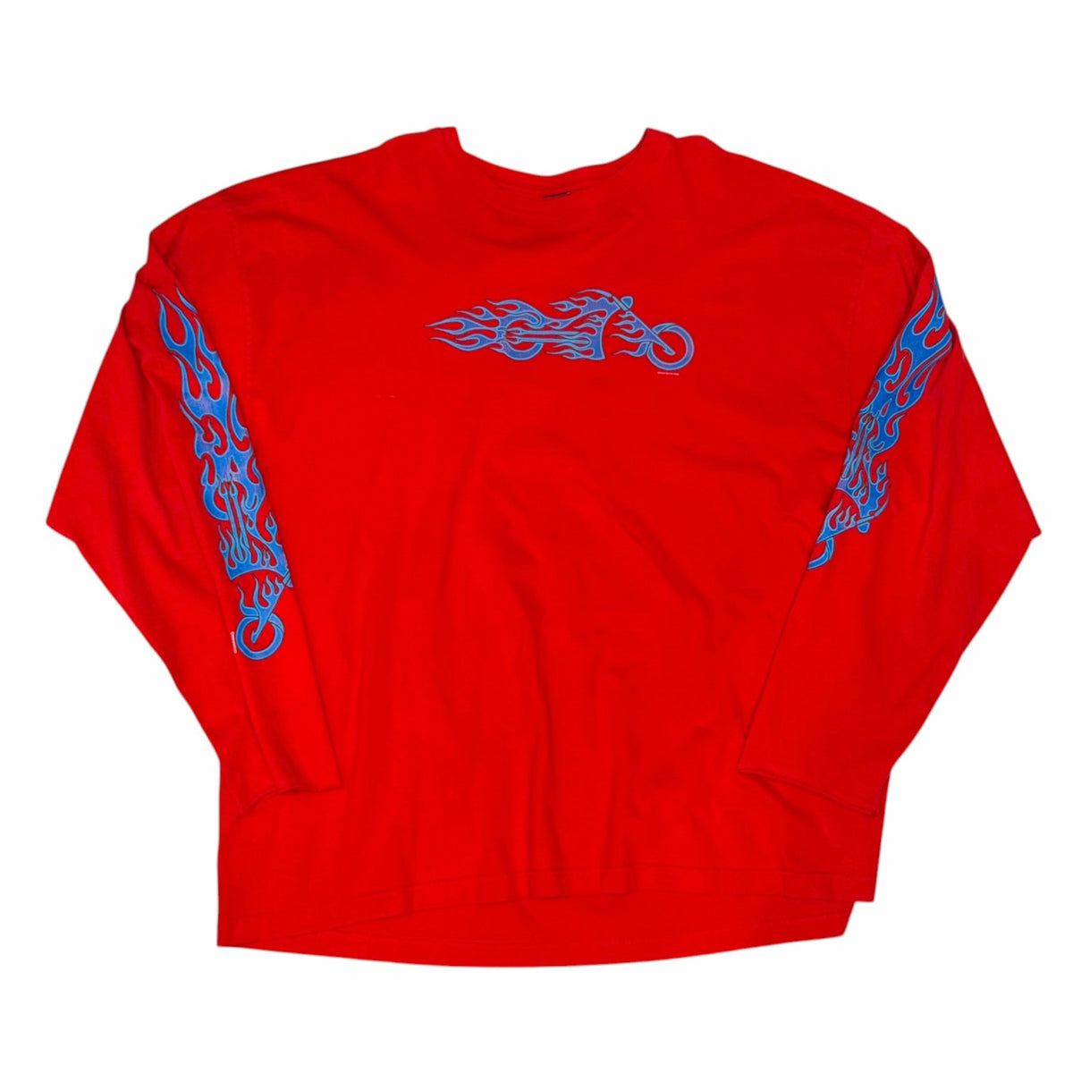 Vangsworld, Inc red long sleeve cotton crewneck shirt featuring blue flame motorcycle graphics on chest and sleeves