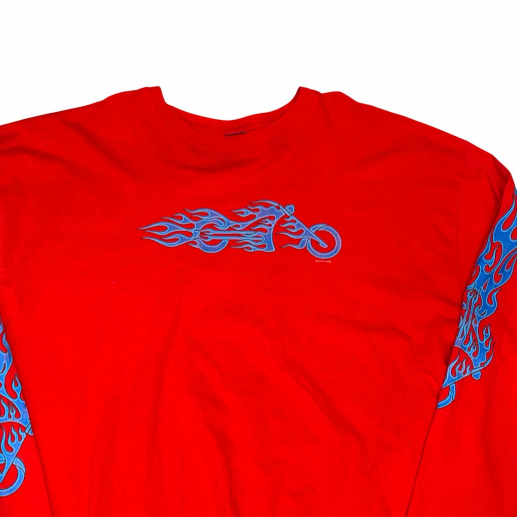 Vangsworld, Inc red long sleeve cotton crewneck shirt featuring blue flame motorcycle graphics on chest and sleeves.