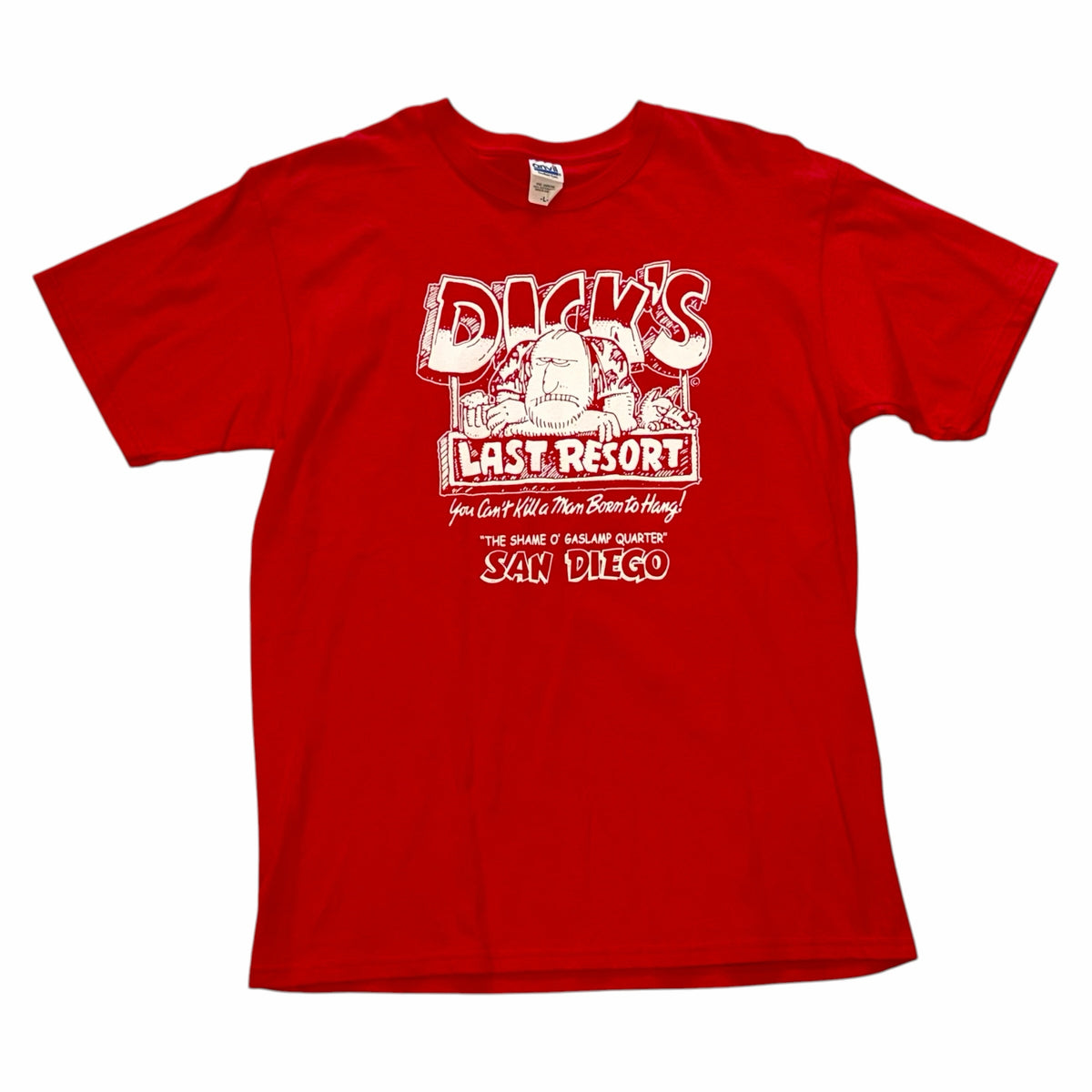 Vangsworld, Inc red cotton crewneck t-shirt with white Dick's Last Resort San Diego graphic print
