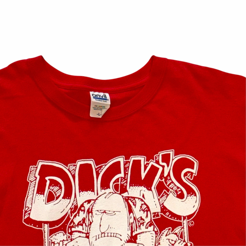 Vangsworld, Inc red cotton crewneck t-shirt with white Dick's Last Resort graphic print and Anvil brand neck label