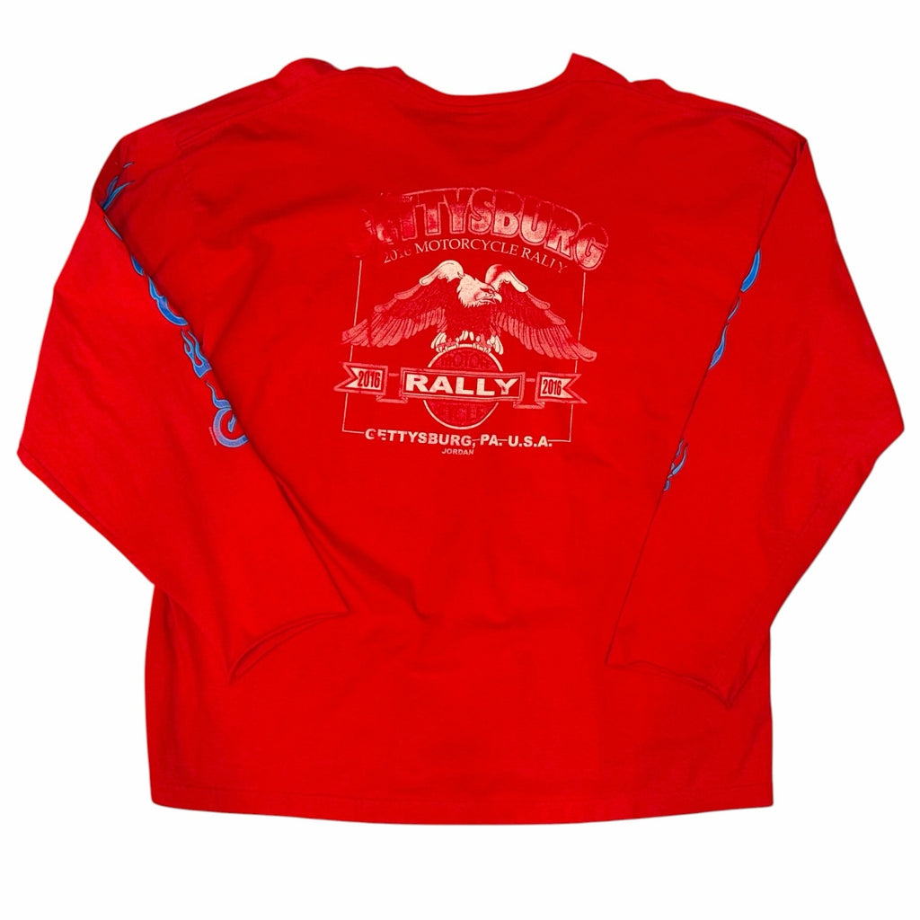 Vangsworld, Inc red long sleeve graphic tee featuring a 2016 Gettysburg Motorcycle Rally print with an eagle emblem