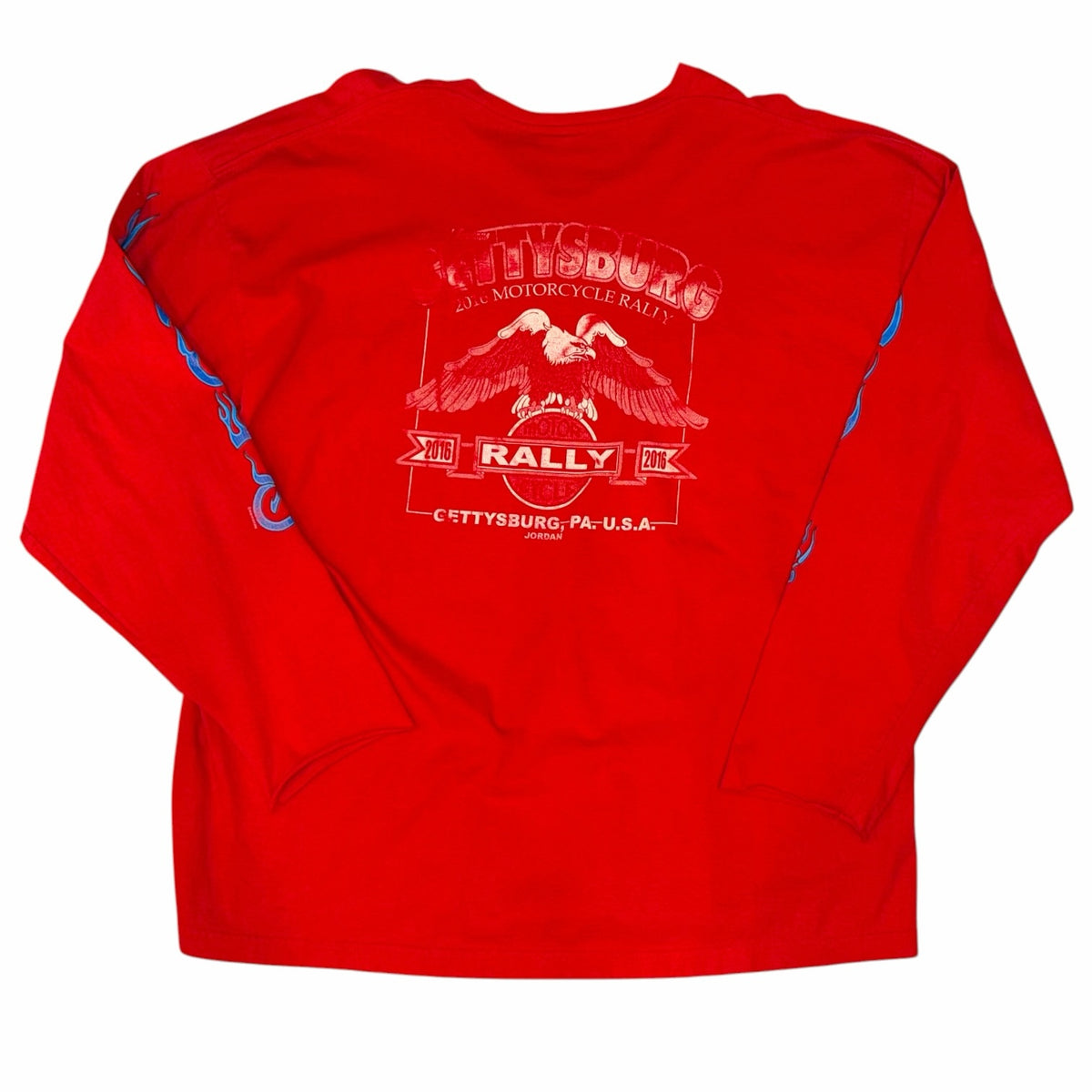Vangsworld, Inc red long sleeve graphic tee featuring a 2016 Gettysburg Motorcycle Rally print with an eagle emblem