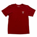 Vangsworld, Inc red cotton crew neck t-shirt with small white Red-Haired Pirates skull logo on the chest