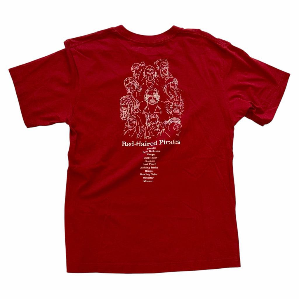 Vangsworld, Inc red cotton crew neck t-shirt featuring a white line art graphic of the Red-Haired Pirates crew back