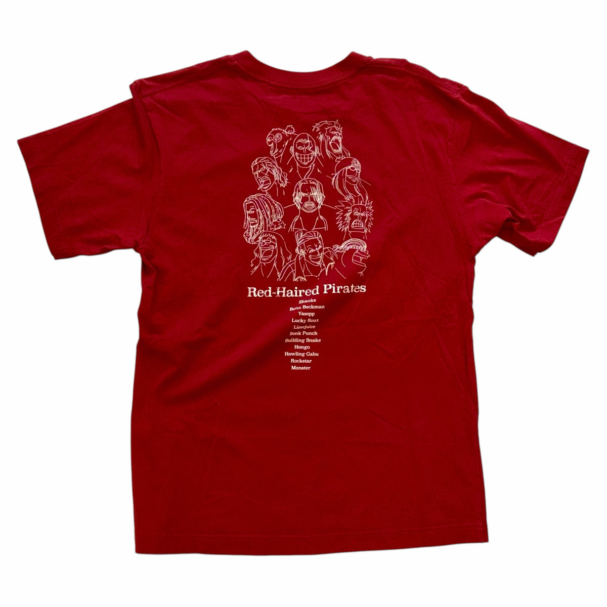 Vangsworld, Inc red cotton crew neck t-shirt featuring a white line art graphic of the Red-Haired Pirates crew back