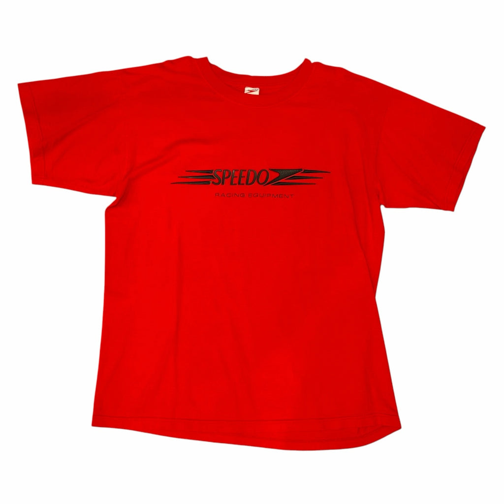 Vangsworld, Inc red short sleeve crew neck t-shirt with black Speedo Racing Equipment graphic on the chest.