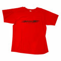 Vangsworld, Inc red short sleeve crew neck t-shirt with black Speedo Racing Equipment graphic on the chest.