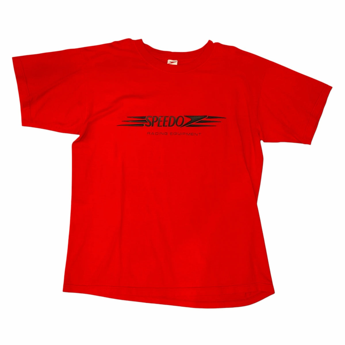 Vangsworld, Inc red short sleeve crew neck t-shirt with black Speedo Racing Equipment graphic on the chest.