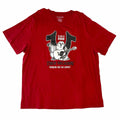 Vangsworld, Inc red True Religion crewneck t-shirt featuring a graphic Buddha logo with a guitar and since 2002 text.