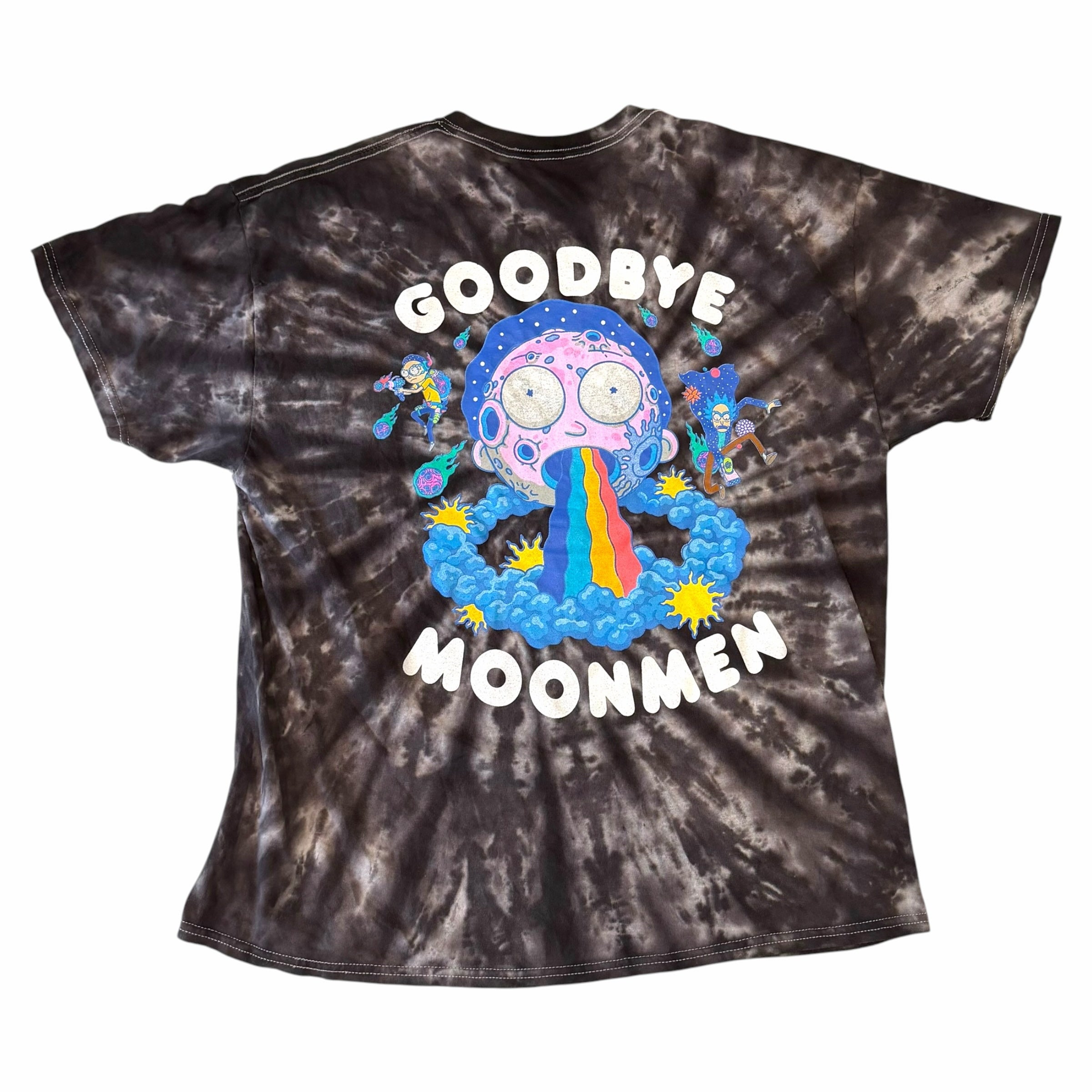 Vangsworld, Inc Rick and Morty tie-dye crewneck t-shirt featuring Goodbye Moonmen graphic print on the back