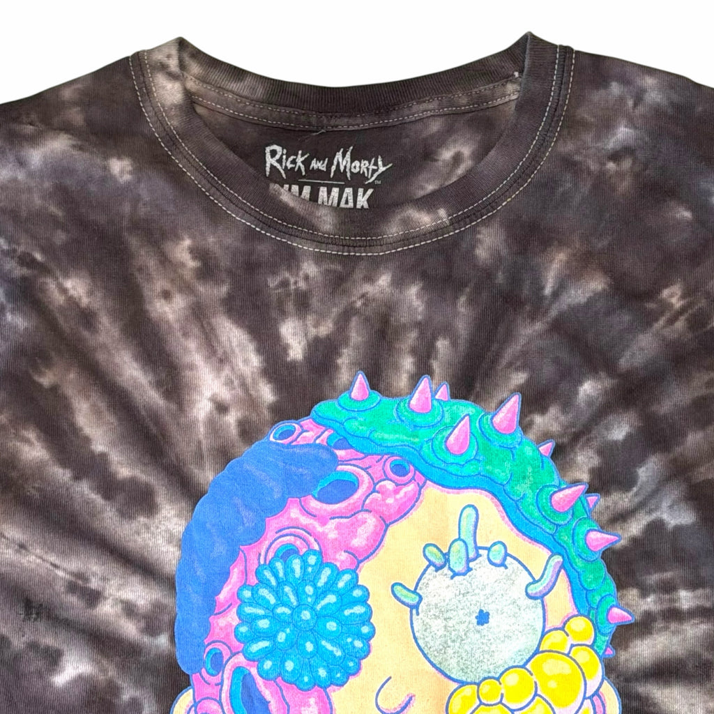Vangsworld, Inc Rick and Morty x Dim Mak black and grey tie-dye crewneck t-shirt with vibrant mutated character print