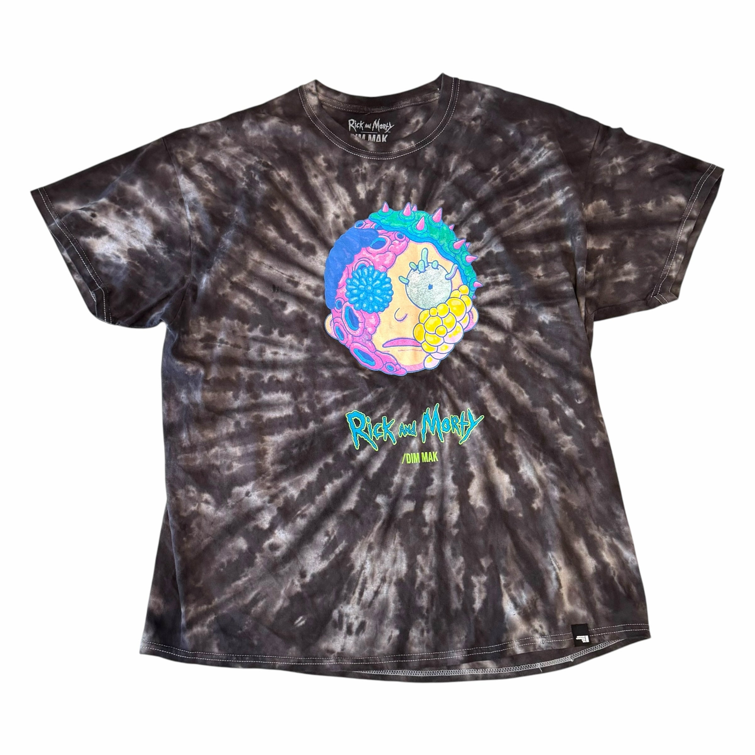 Vangsworld, Inc Rick and Morty DIM MAK black and grey tie-dye cotton crewneck t-shirt with front graphic print
