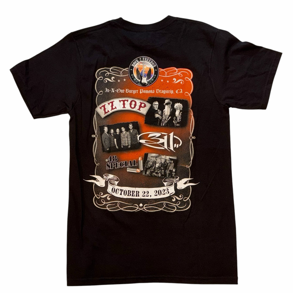Vangsworld, Inc black cotton t-shirt featuring a back graphic print of the Rock 2 Freedom concert at Pomona Dragstrip