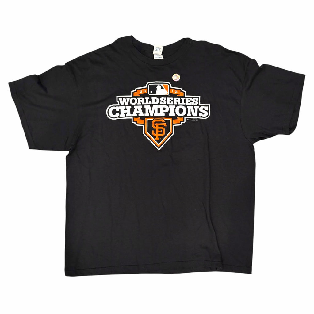 Vangsworld, Inc black cotton t-shirt featuring a 2012 San Francisco Giants World Series Champions graphic on the chest.