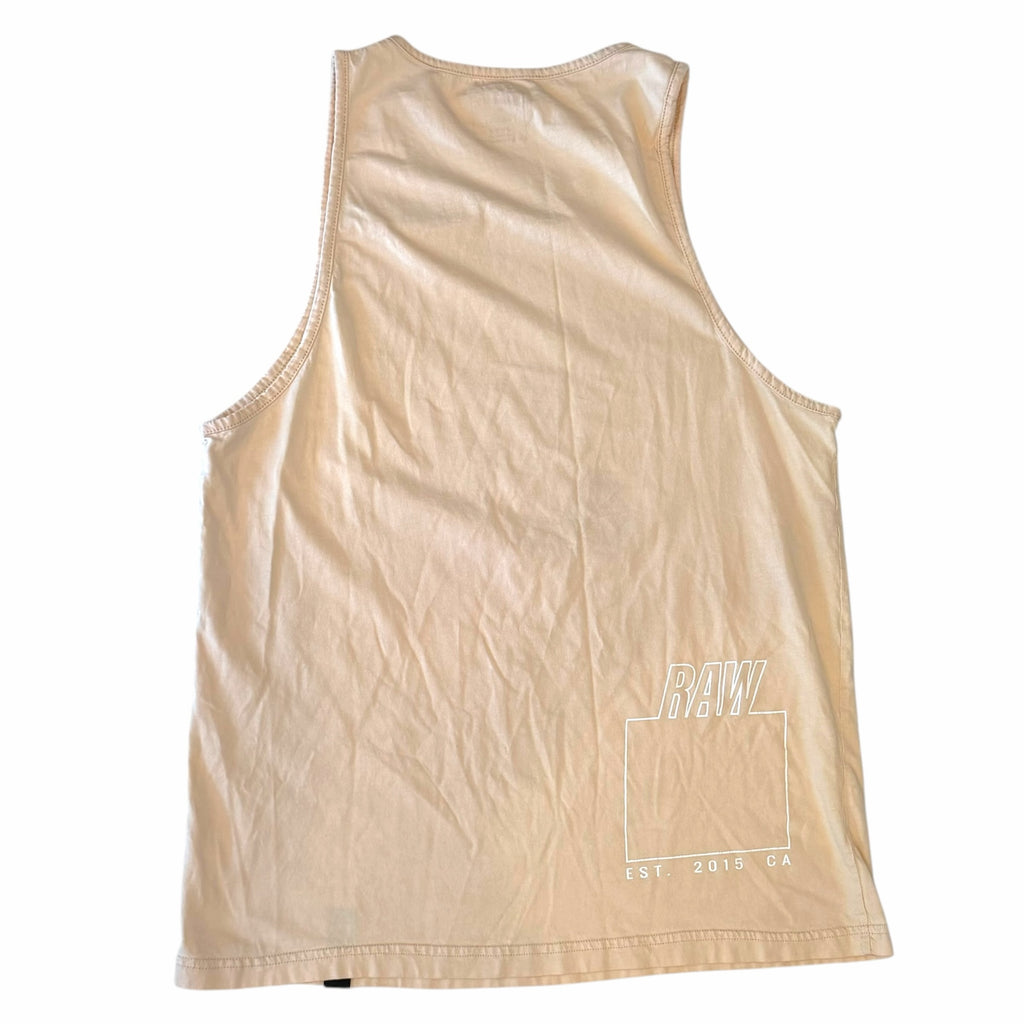Vangsworld, Inc sand-toned sleeveless tank top with white graphic detail on the back for athletic training.